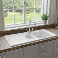 Rangemaster Tenby 1.5 Bowl Fire Clay Ceramic Kitchen Sink - White - CTE10102WH/ -Home Kitchen cte10102wh lifestyle1