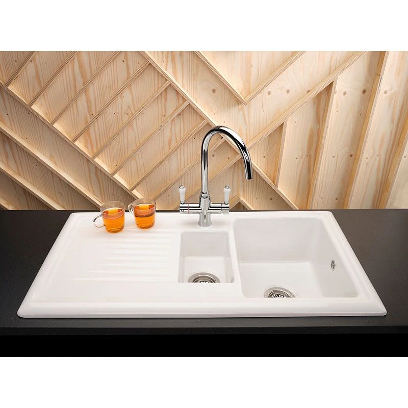 Reginox Regi-Ceramic 1.5 Bowl Kitchen Sink Including Waste - White - RL 301 CW 3 Reginox Regi-Ceramic 1.5 Bowl Kitchen Sink Including Waste - White - RL 301 CW